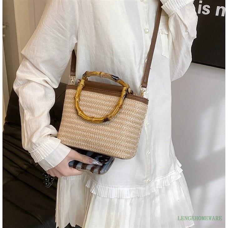 Bamboo Handle Straw Crossbody Shoulder Bag factory