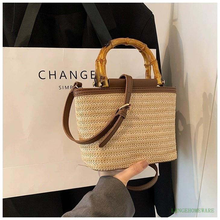 Bamboo Handle Straw Crossbody Shoulder Bag high quality